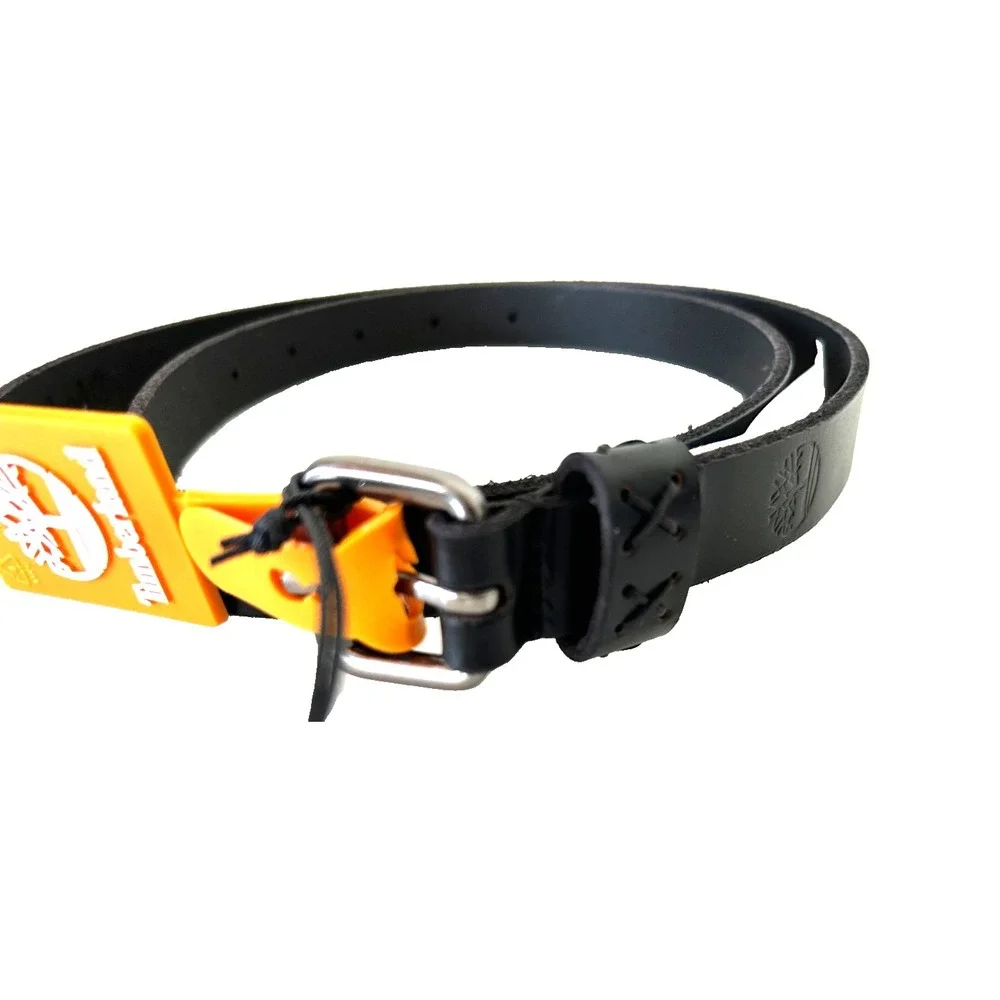Timberland Skinny Tonal Keeper Stitch Leather Belt M Black Silver Buckle NWT